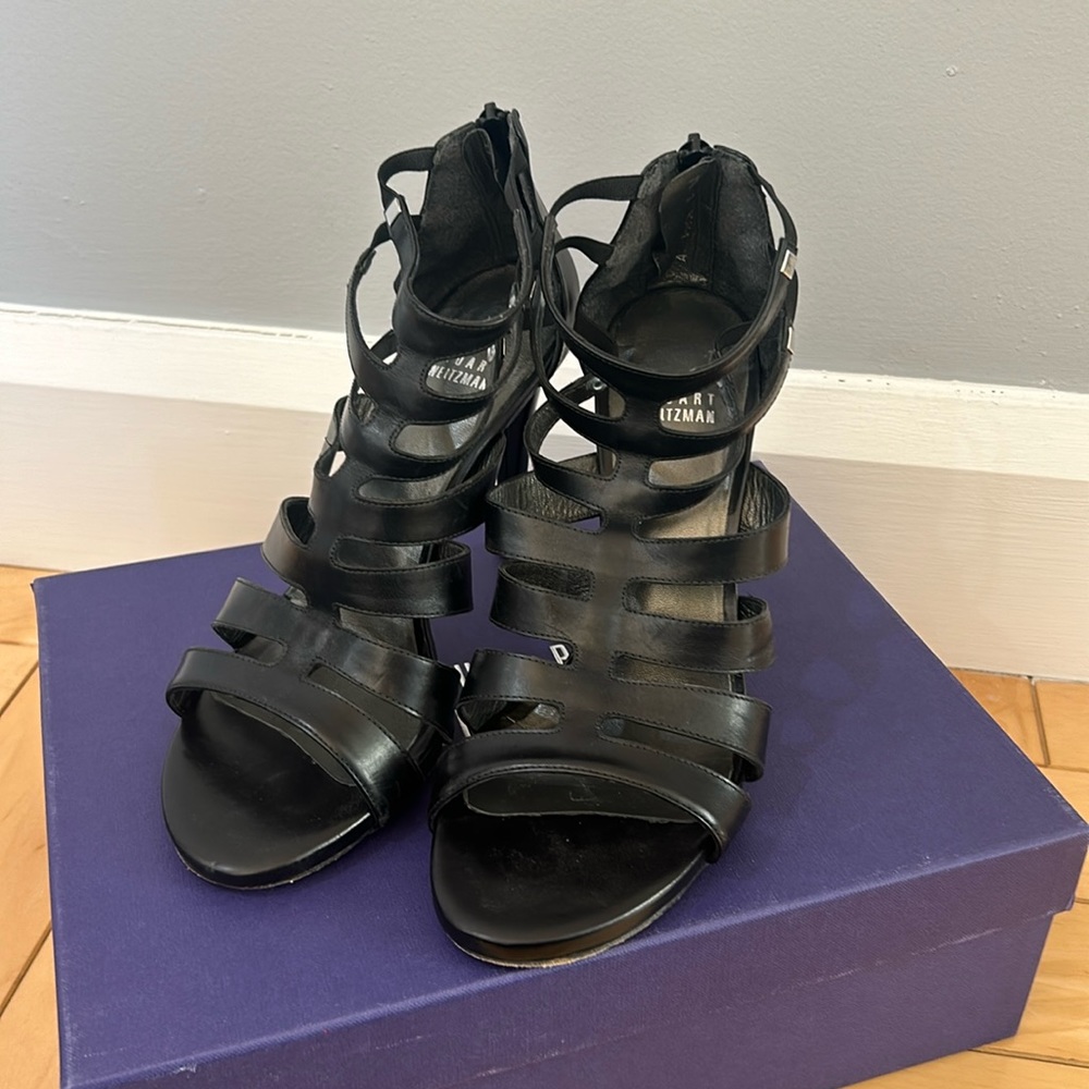 Stuart Weitzman - black strappy sandal - 4” heel Sz 8